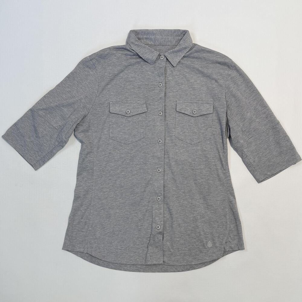 Stio Shirt Womens Medium Gray Button Front 3/4 Sleeve Roll Tab Jersey Top
